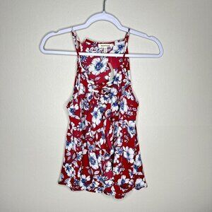Monteau Red Floral Lace-Up Deep‎ V-neck Ruffle Sleeveless Blouse M
